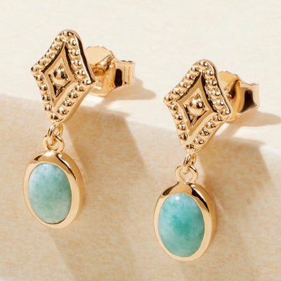 Boucles d'oreilles pendantes losanges perlés & Amazonite en plaqué or