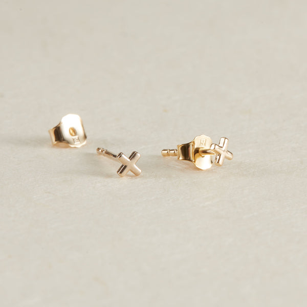 Boucles D'oreilles Puces 'Croix' - Plaqué Or Jaune 24 Carats - Fermoir Vissé - Marque Bijouterie Papillon Bleu - Neuf Avec étiquettes